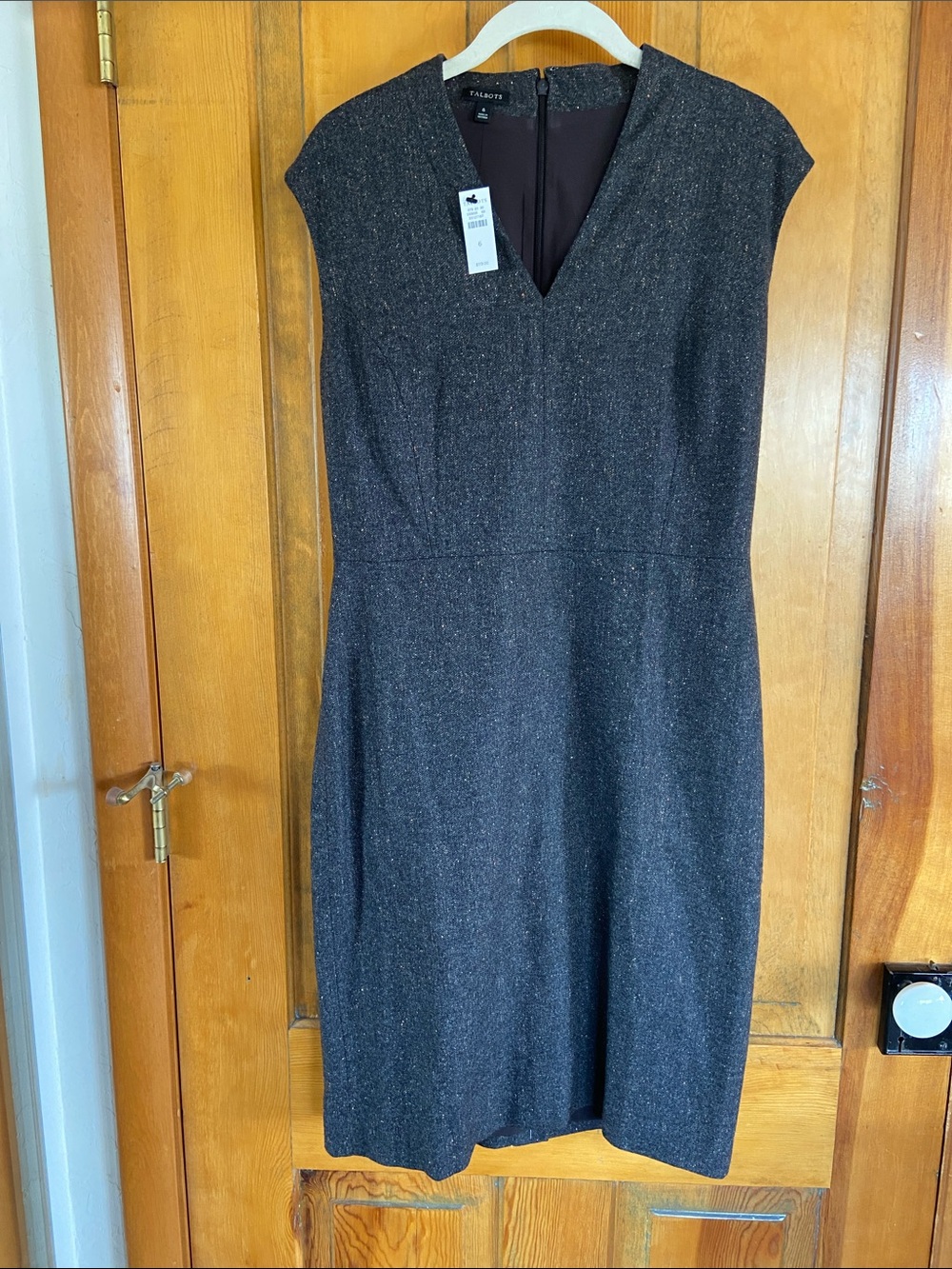 Talbots Brown Tweed V-Neck Cap-Sleeve Midi Dress